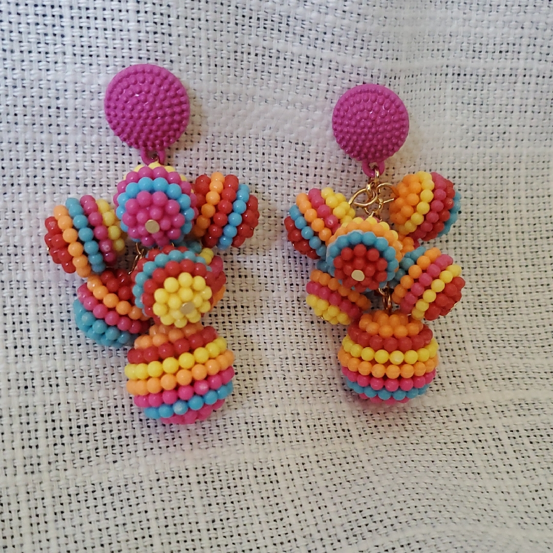 Plastic Bead Pom Pom Dangle Earrings